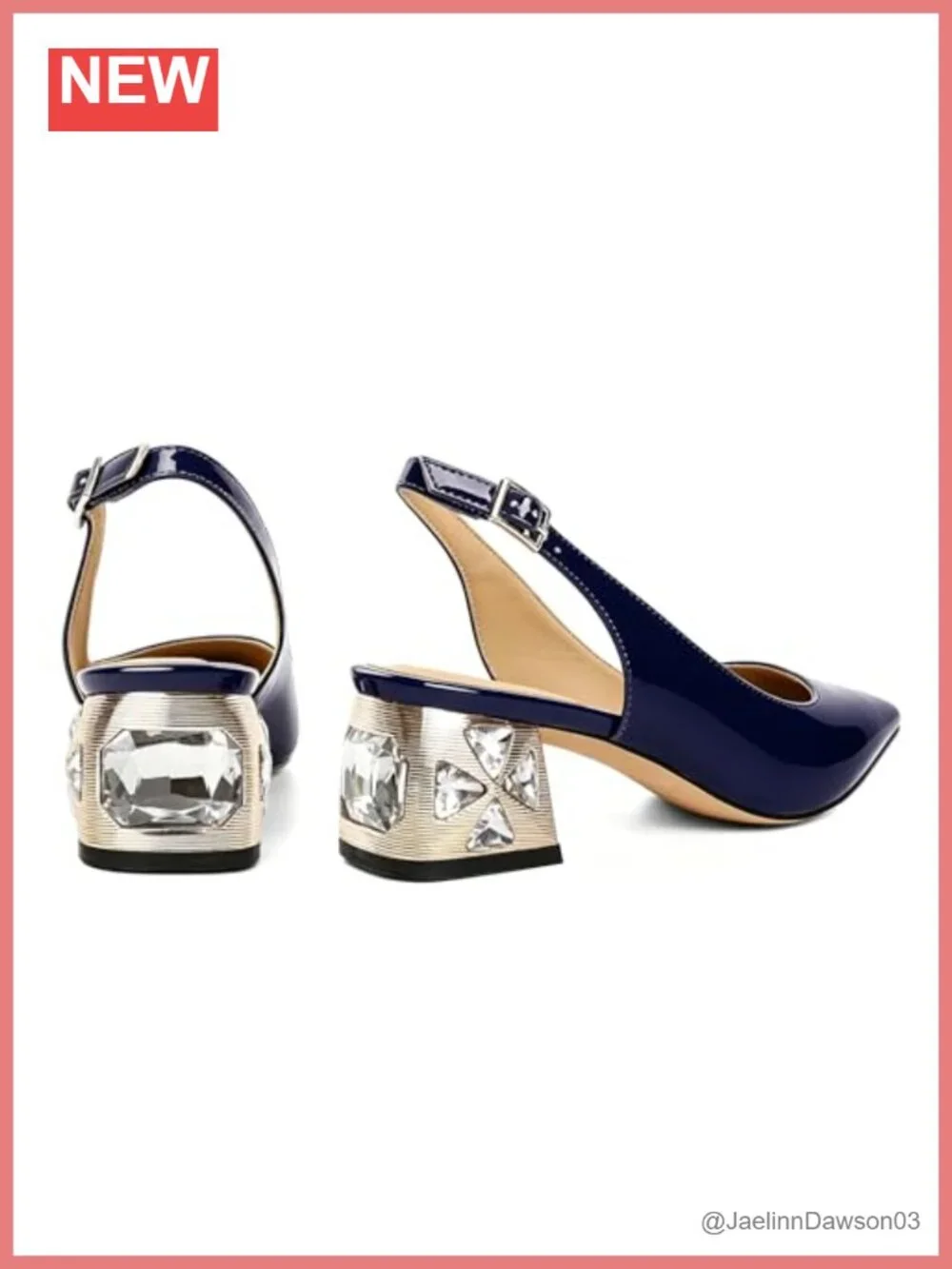 Womens Chunky Block Heel Slingback Pumps Pointed Toe Rhinestone Comfortable 2in